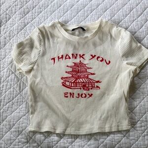 SHEIN Cream and Red Short Sleeve Tee with Pagoda Print